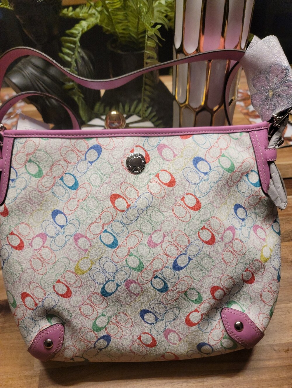 Coach Multicolor Signature Print Shoulder Bag in Pink Trim